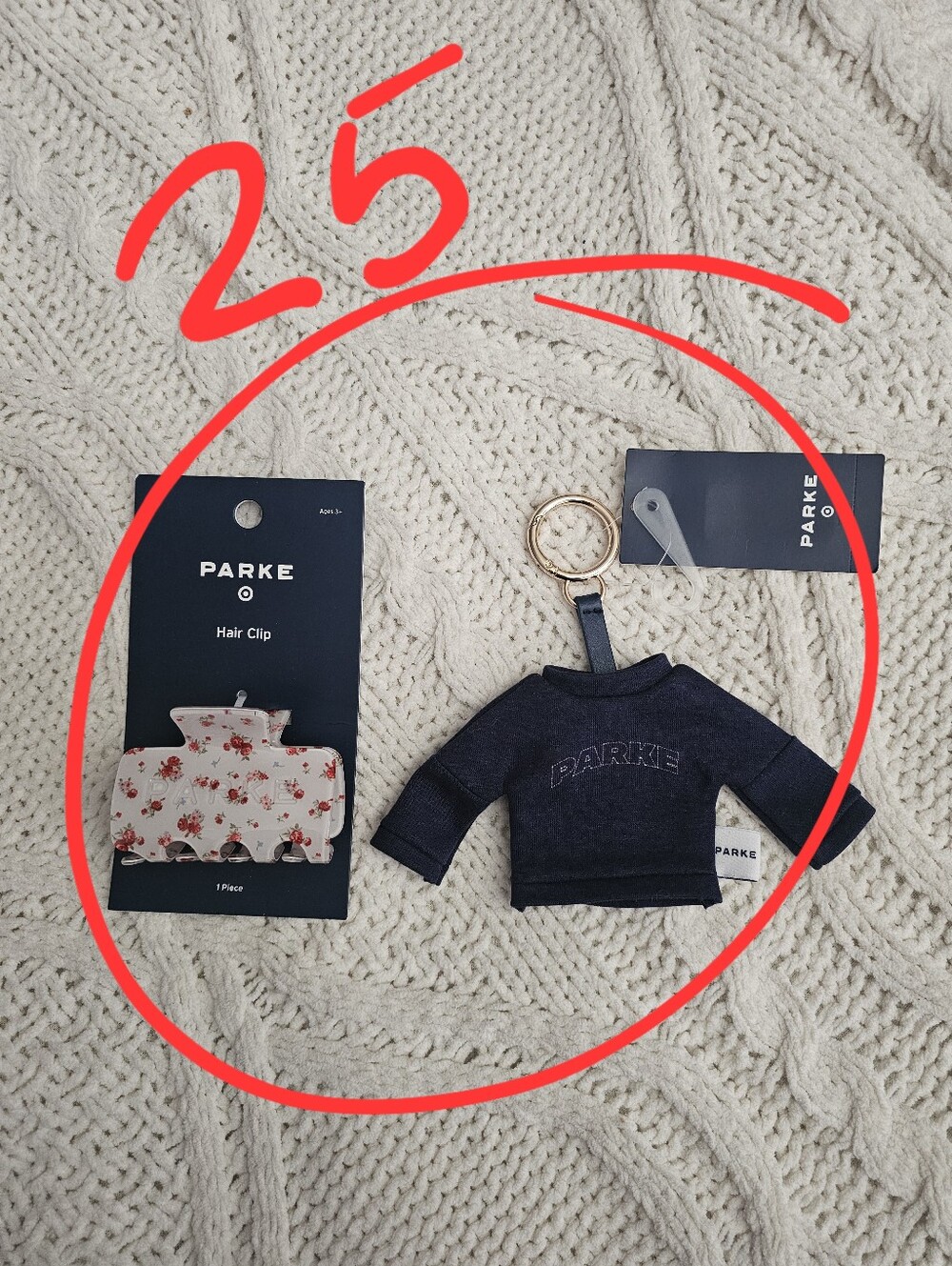 Set Of PARKE X Target Navy Mini Sweatshirt Keychain And Floral Claw Clip